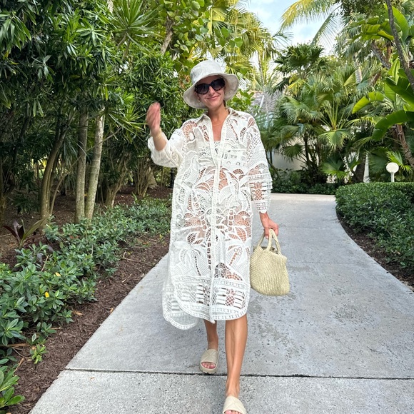 Farm Rio Guipure Ivory Lace Crochet Midi Shirt Dress Swim Coverup Women’s Small - Picture 2 of 9